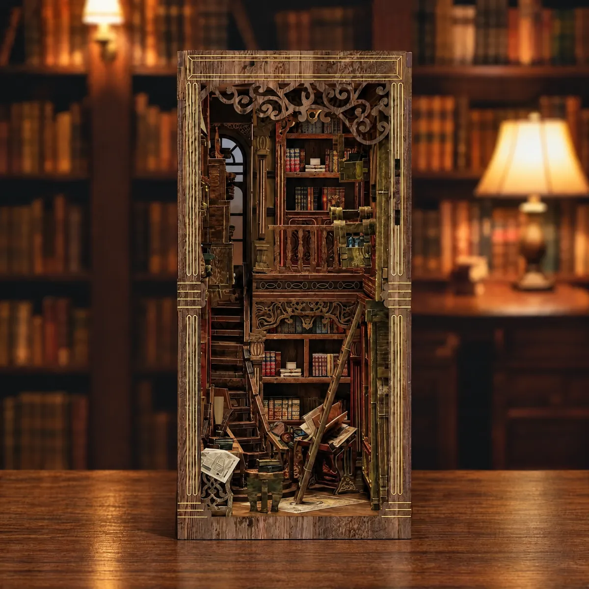 Ancient Book Collection Room DIY Book Nook Kit with lights off