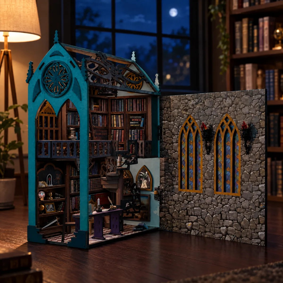 Oude bibliotheek doe-het-zelf boekenhoekje bouwpakket met het licht uit
