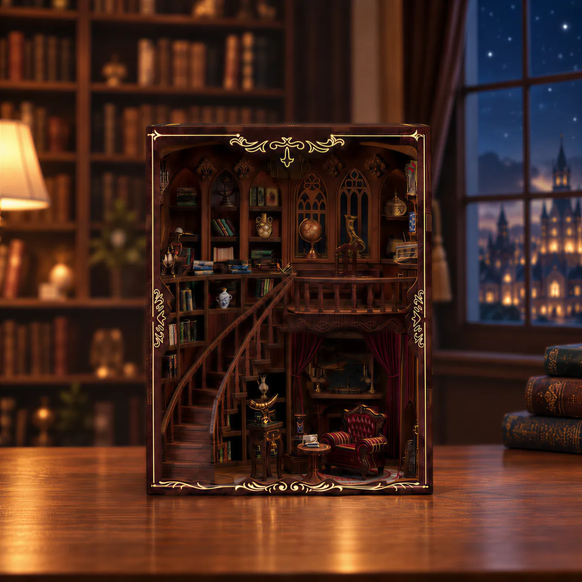 Oude rijmbibliotheek doe-het-zelf boekenhoekset met het licht uit