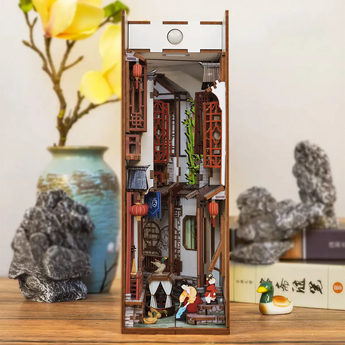 Ancient Watertown DIY Book Nook Kit with lights off