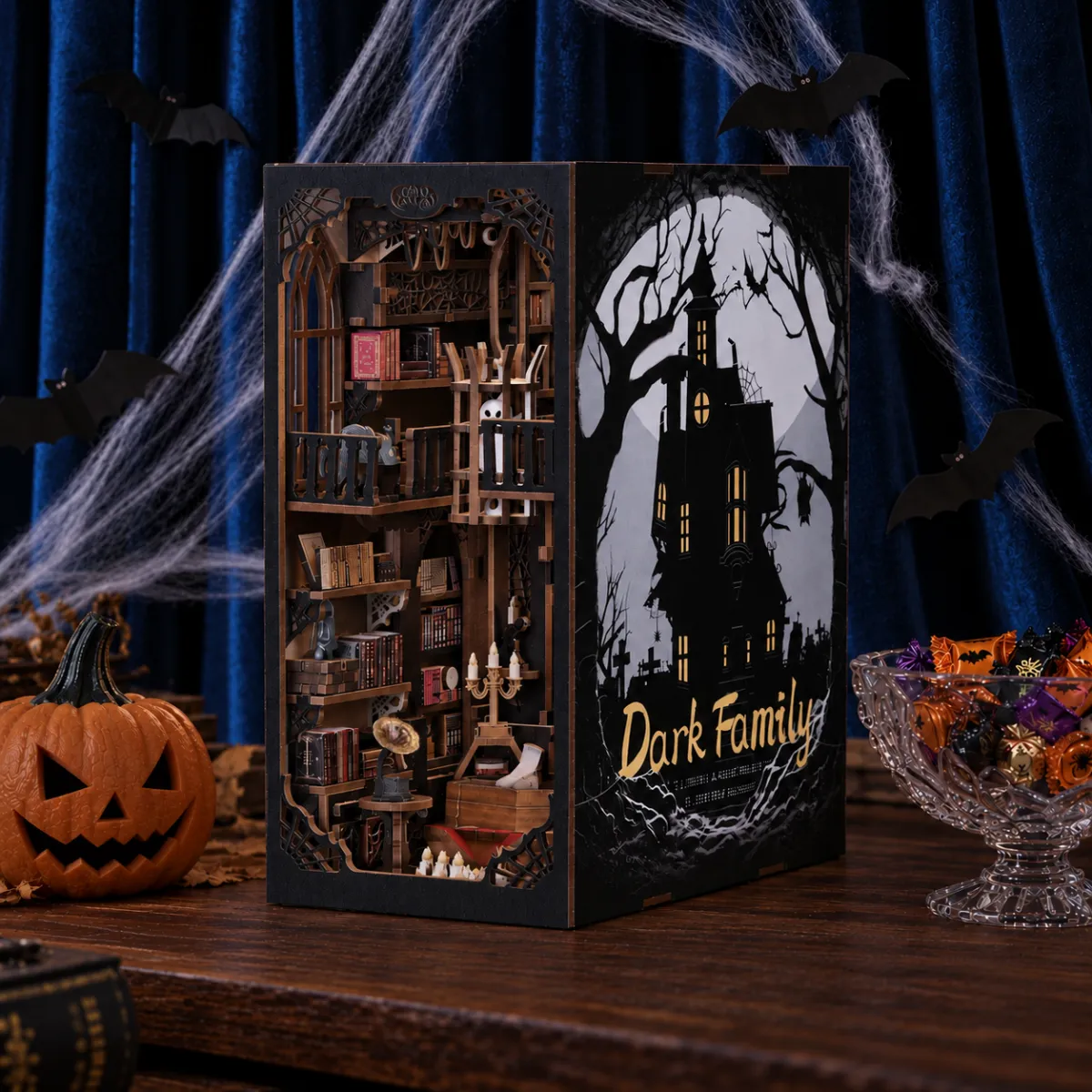 The Dark Family DIY Book Nook Kit with lights off