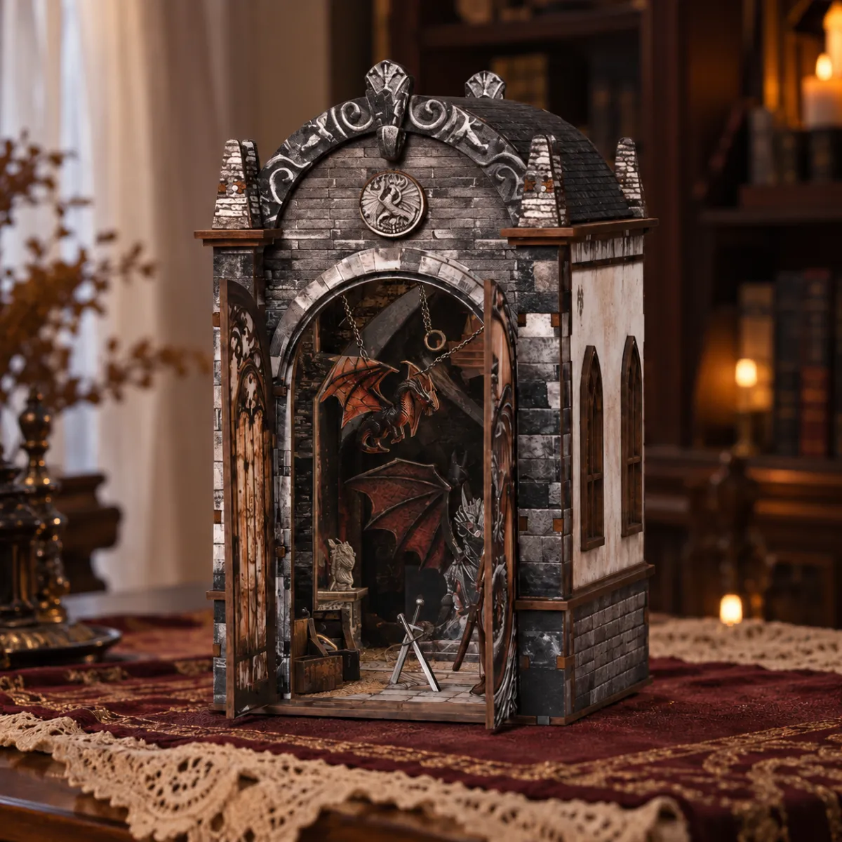 Dragons Treasure Labyrinth DIY Book Nook Kit with lights off