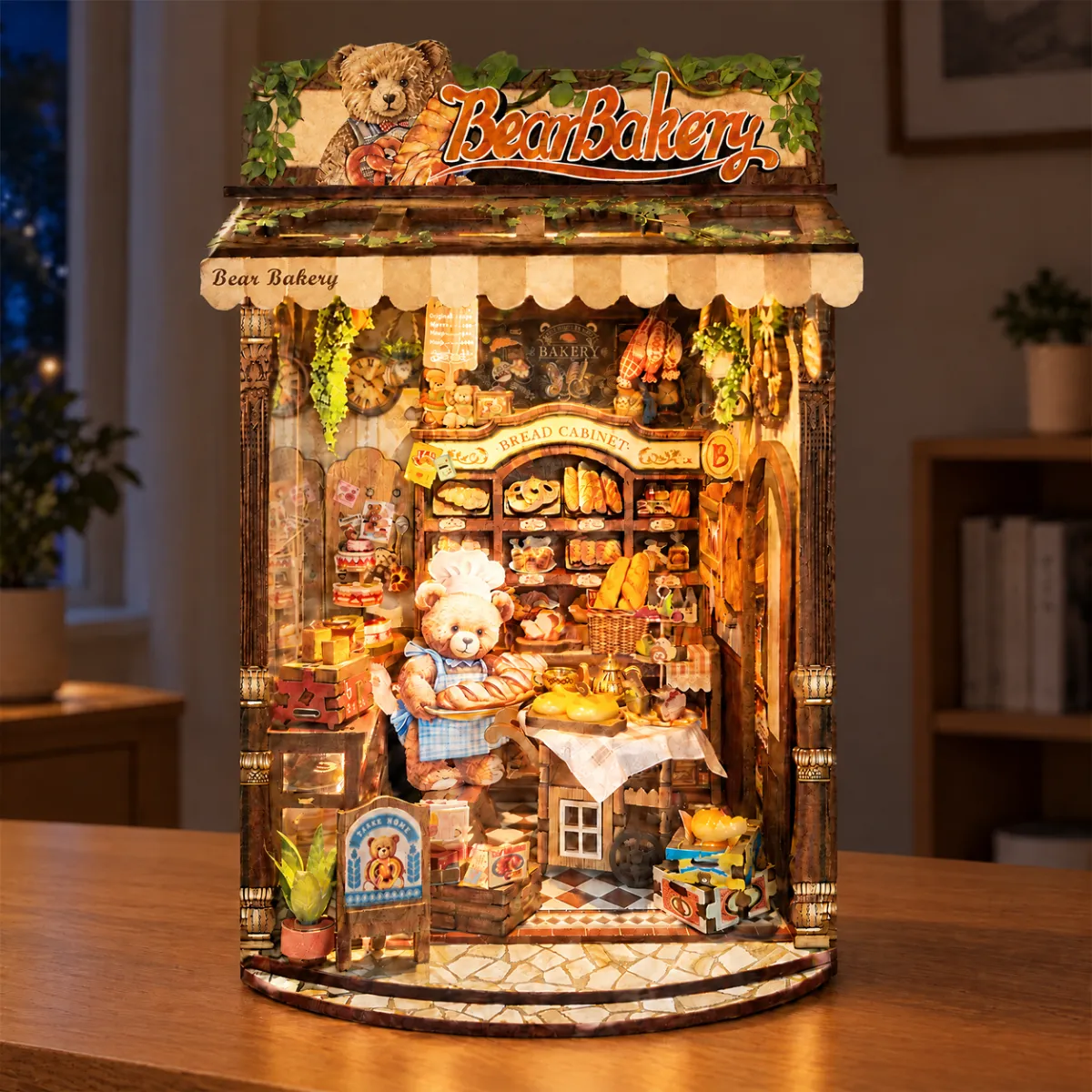 Bear Bakery DIY Book Nook Kit with lights on