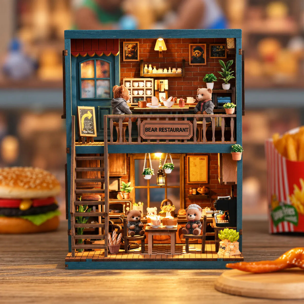 Bear Restaurant DIY Book Nook Kit with lights on