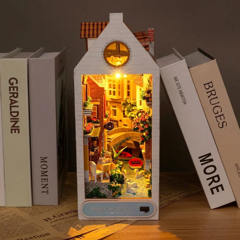 Bruges Ancient City DIY Book Nook Kit with lights on