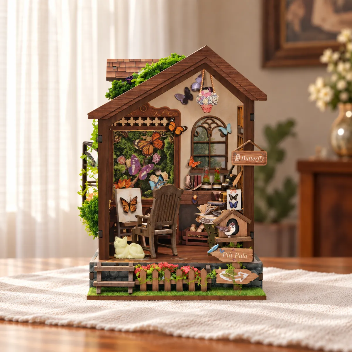 Butterfly House DIY Book Nook Kit with lights off