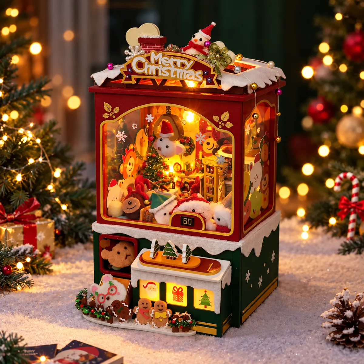 Christmas Crane Game Book Nook Kit with lights on
