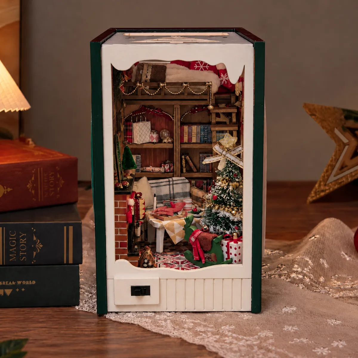 Christmas Notes DIY Book Nook Kit with lights off
