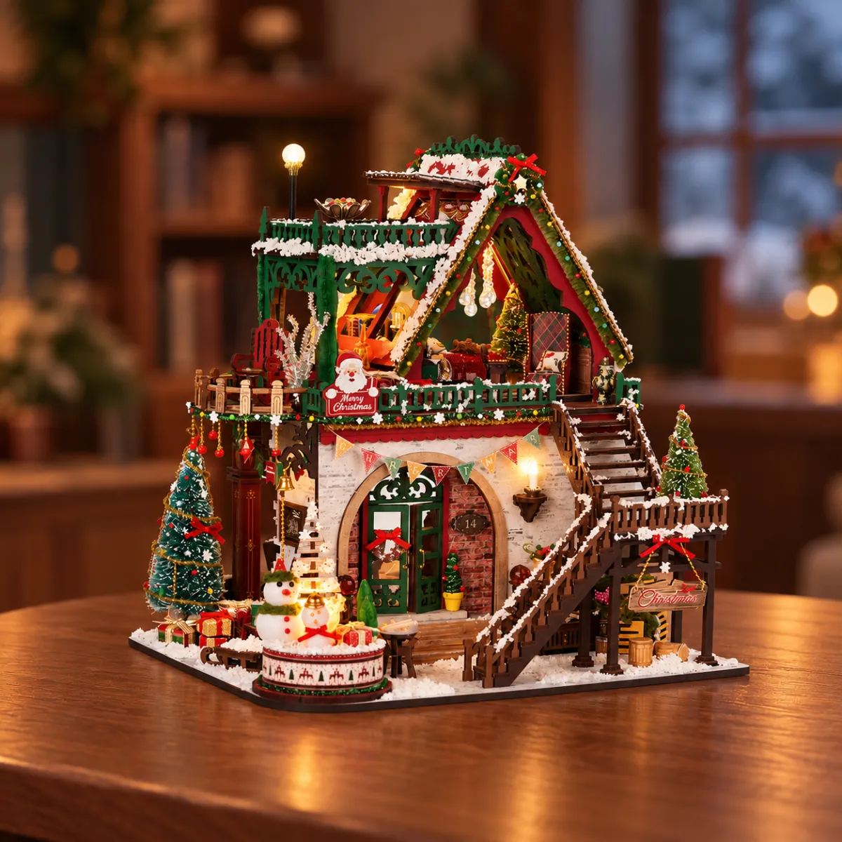 Snowy Christmas Lodge DIY Miniature Dollhouse Kit with lights on