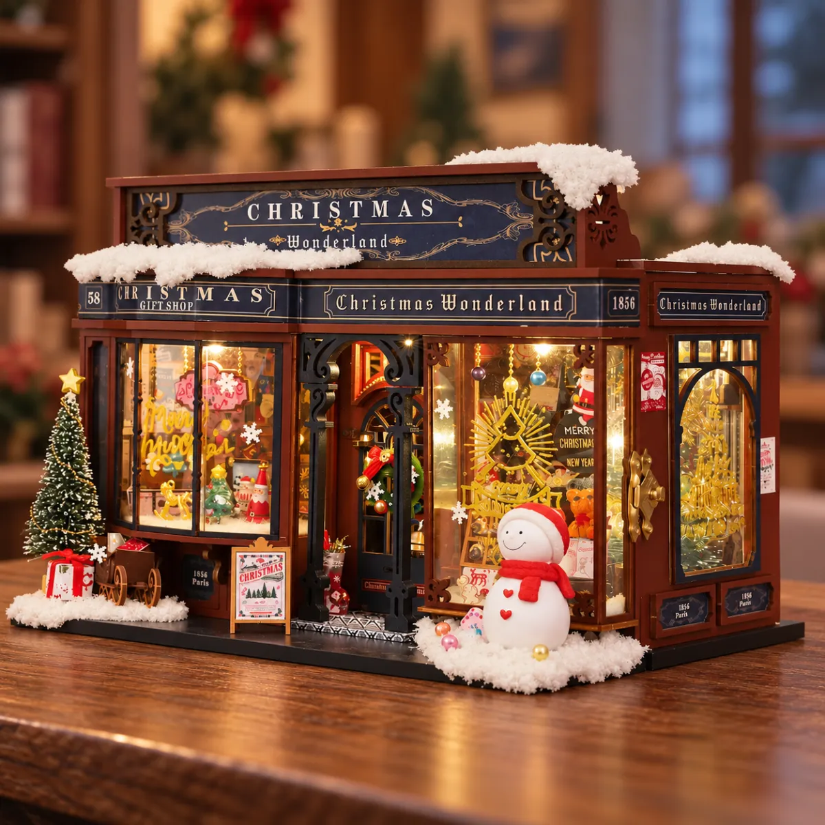 Kit fai da te per casa delle bambole in miniatura "Christmas Wonderland" con le luci accese