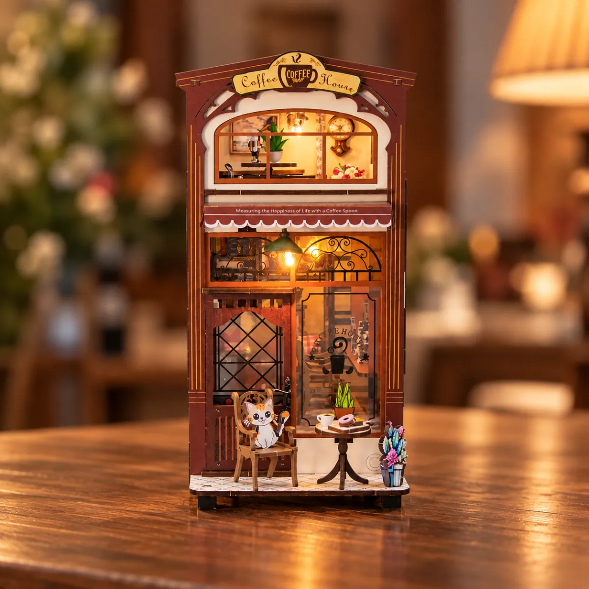 Coffee House DIY Book Nook Kit with lights on