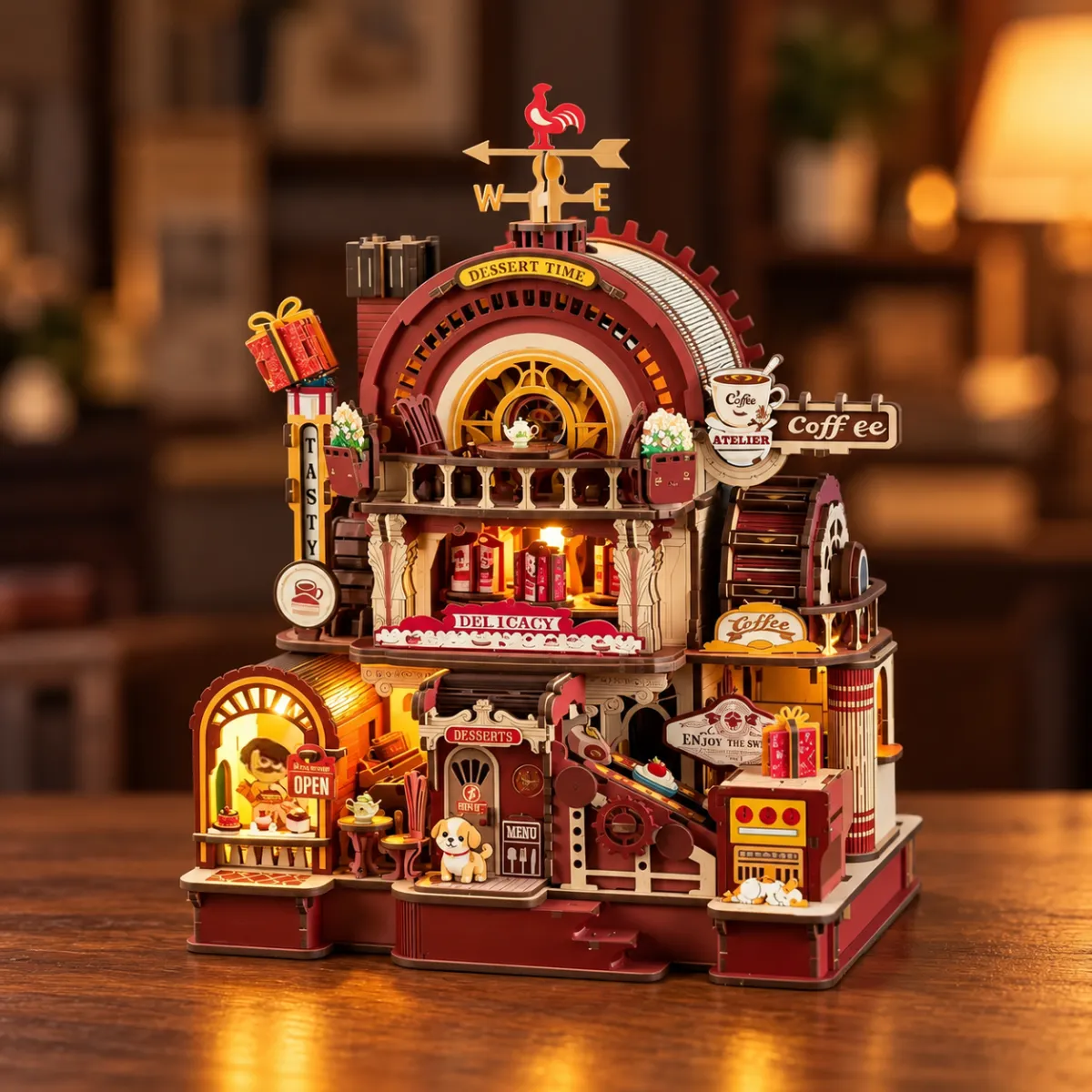 Dessert Atelier DIY Miniature Architecture Kit | 3D Wooden Mechanical Puzzles with lights on