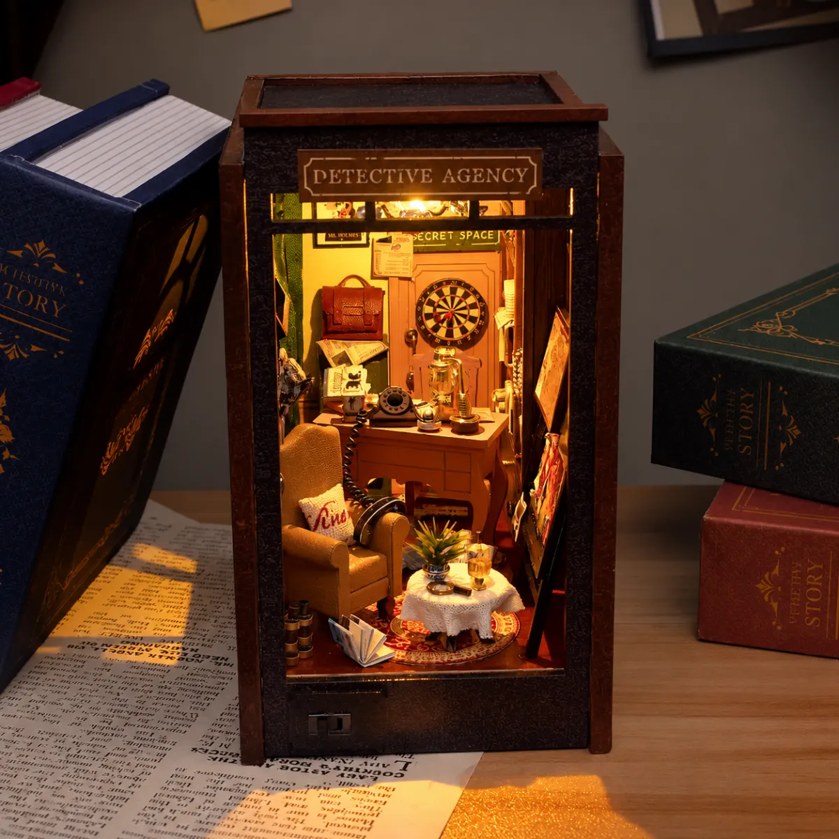 Detective Diary DIY Book Nook Kit with lights on