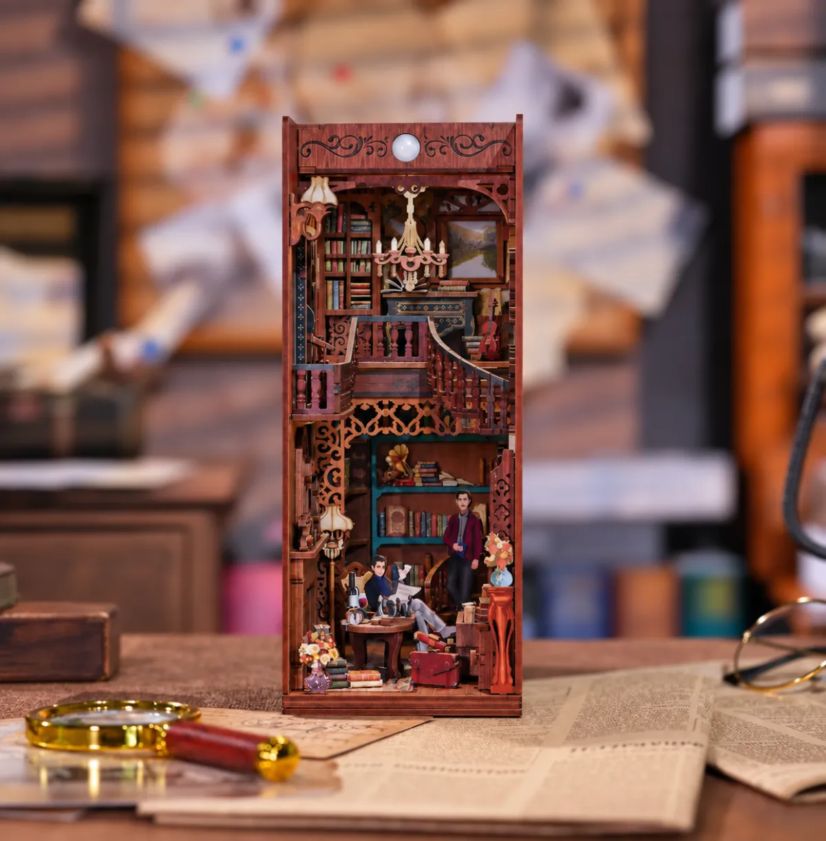 Violin Detective Agency DIY Book Nook Kit with lights off