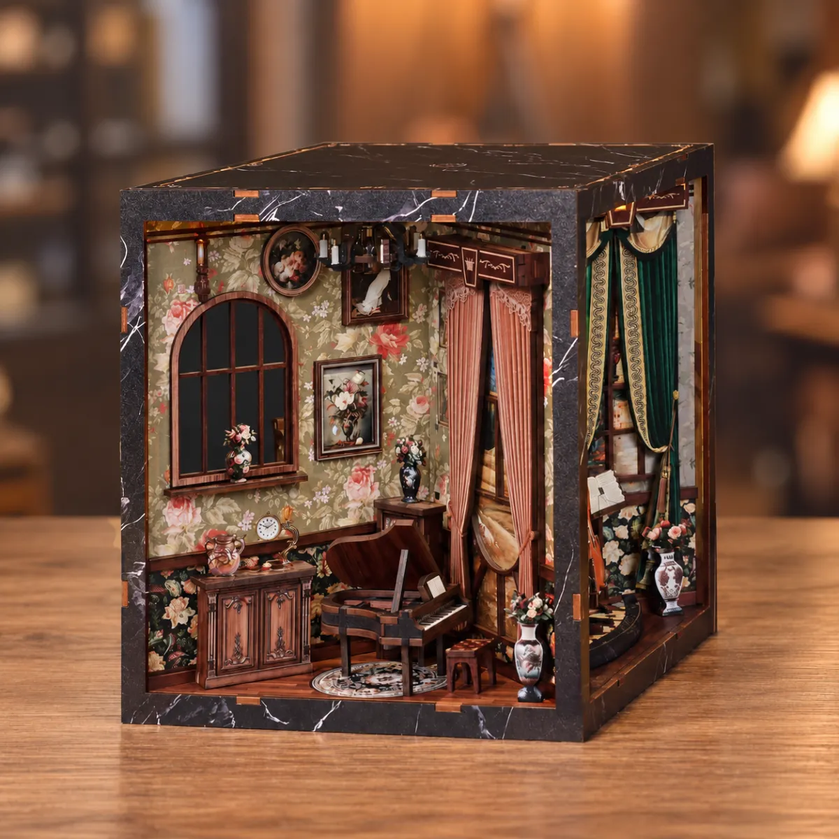 European Melody DIY Book Nook Kit with lights off