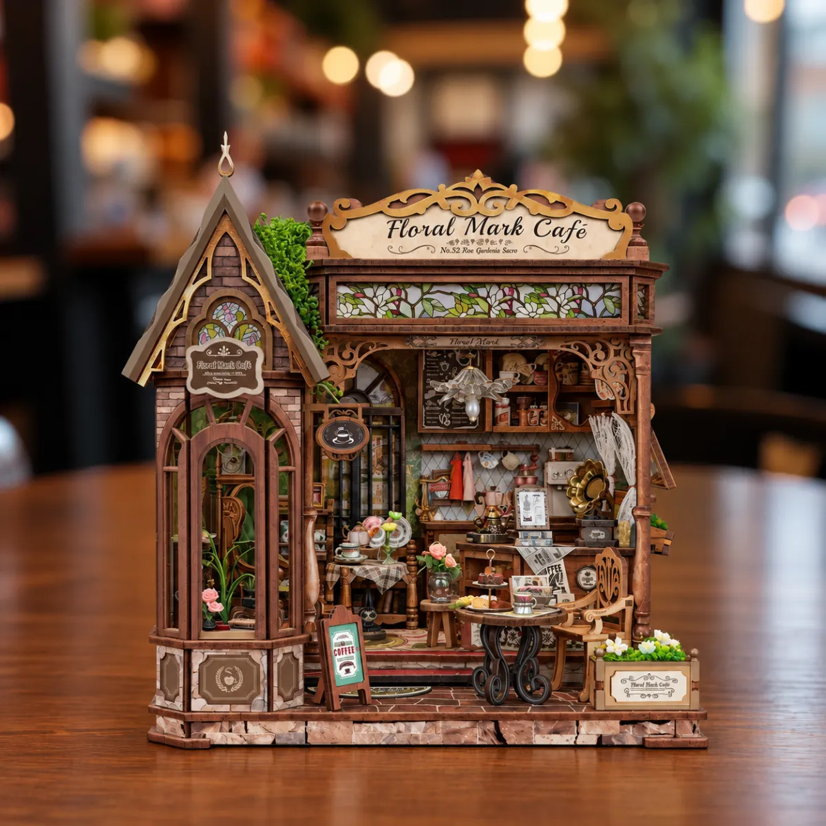 Floral Mark Café DIY Miniature Kit with lights off