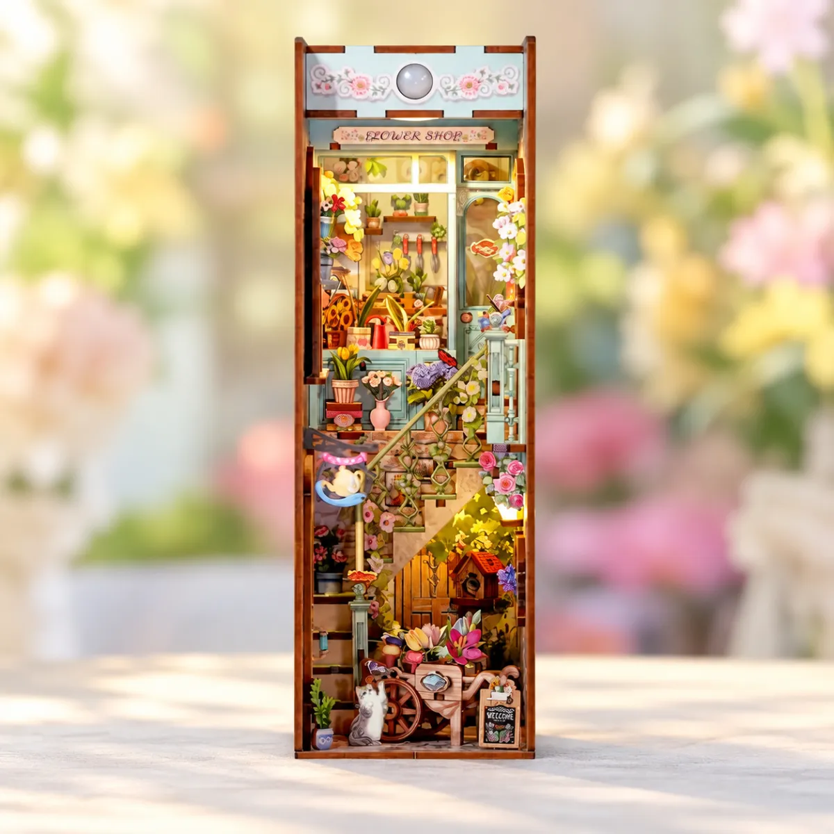 Flower Shop DIY Book Nook Kit with lights on