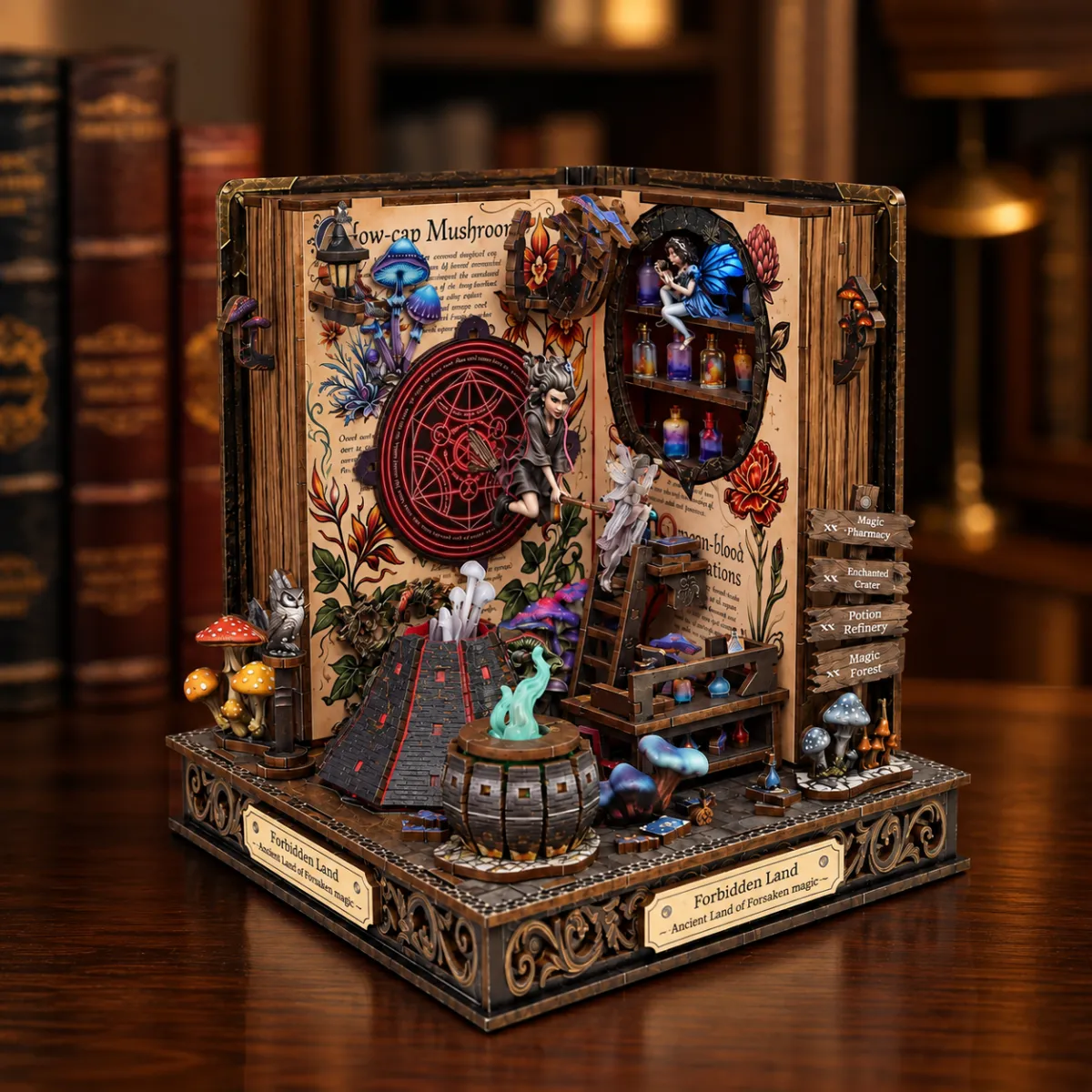 Forbidden Land DIY Book Nook Kit with lights off
