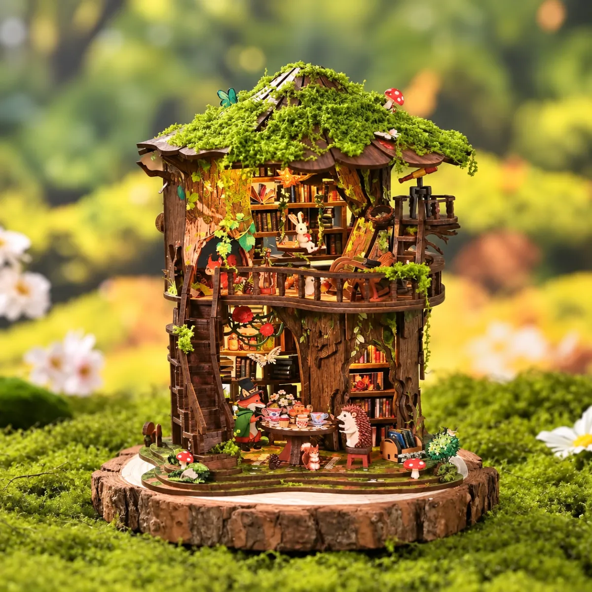 Forest Tea Book Club DIY Mini House Kit l DIY Miniature Kit with lights on