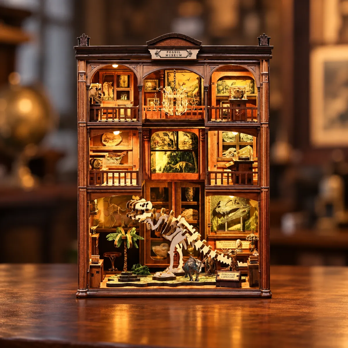 Fossil Museum DIY Book Nook Kit with lights on