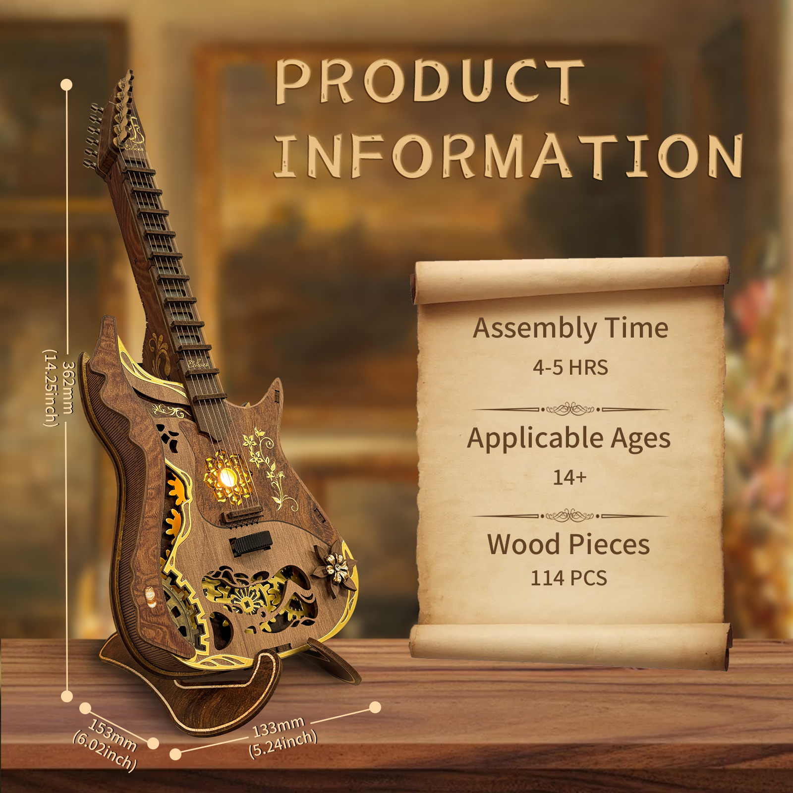 Melodious Guitar Self-Assembly 3D Wooden Mechanical Puzzle Kit-Book Nook World