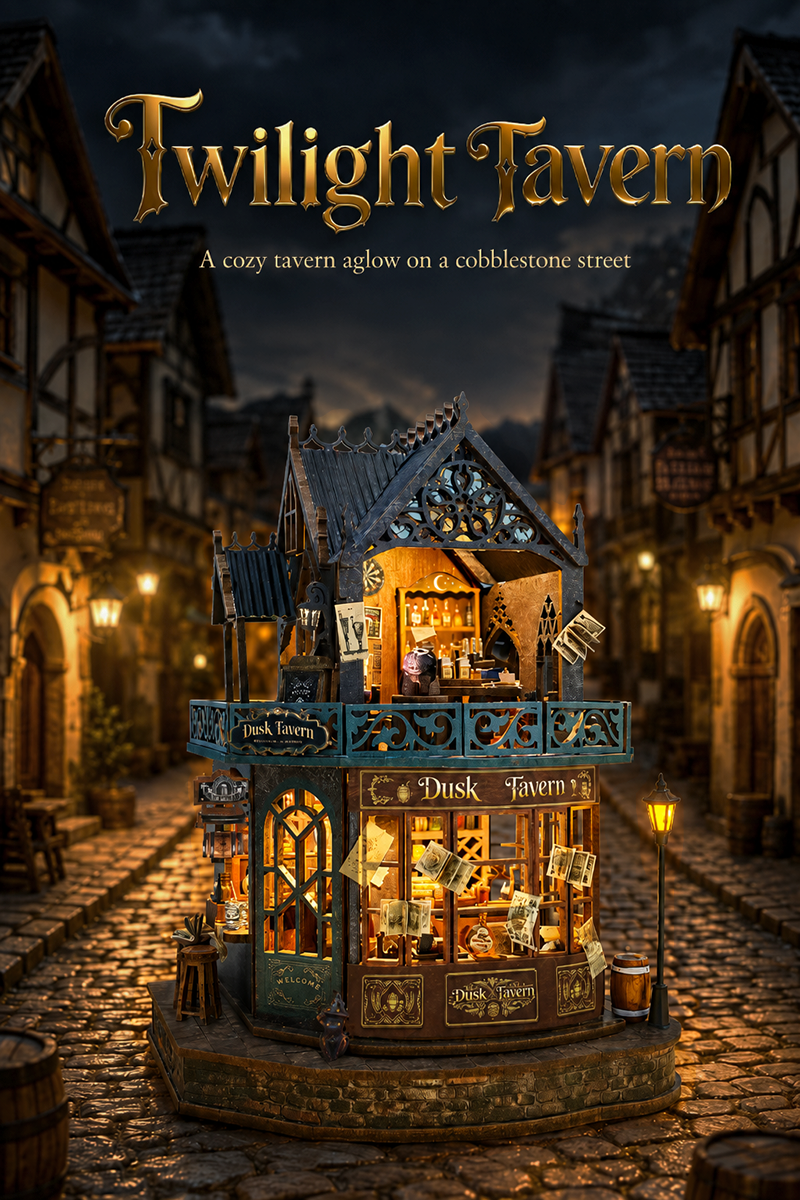 Twilight Tavern miniature wooden book nook with vintage tavern exterior and warm atmosphere