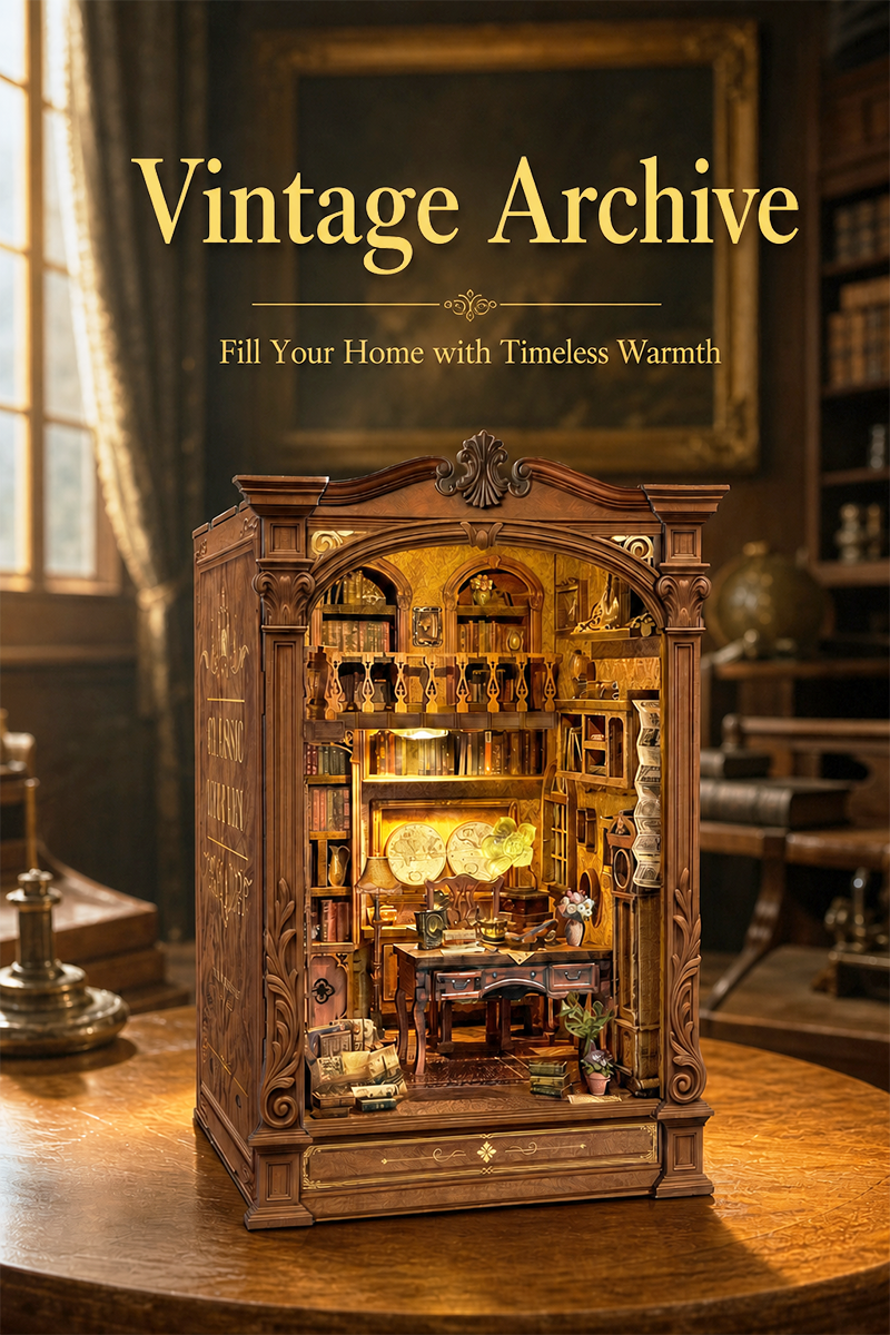 Vintage Archive DIY Book Nook Kit miniature classic library scene with wooden shelves and warm lighting
