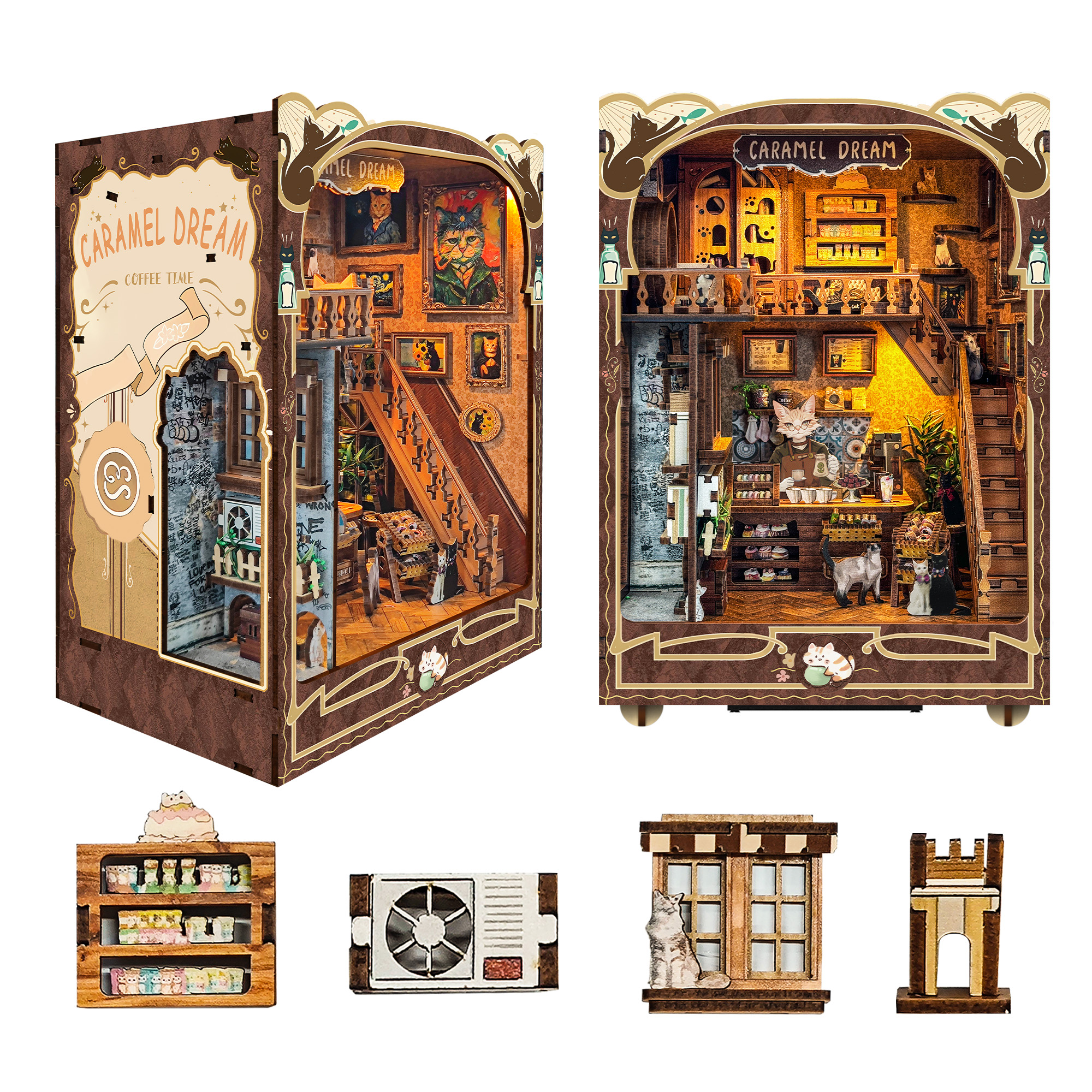 Caramel Dreams Cat Café DIY Book Nook Kit（Dust cover included）-Book Nook World
