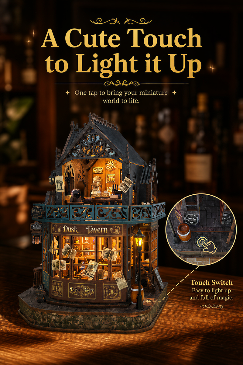 Twilight Tavern DIY kit touch switch lighting function with glowing miniature interior