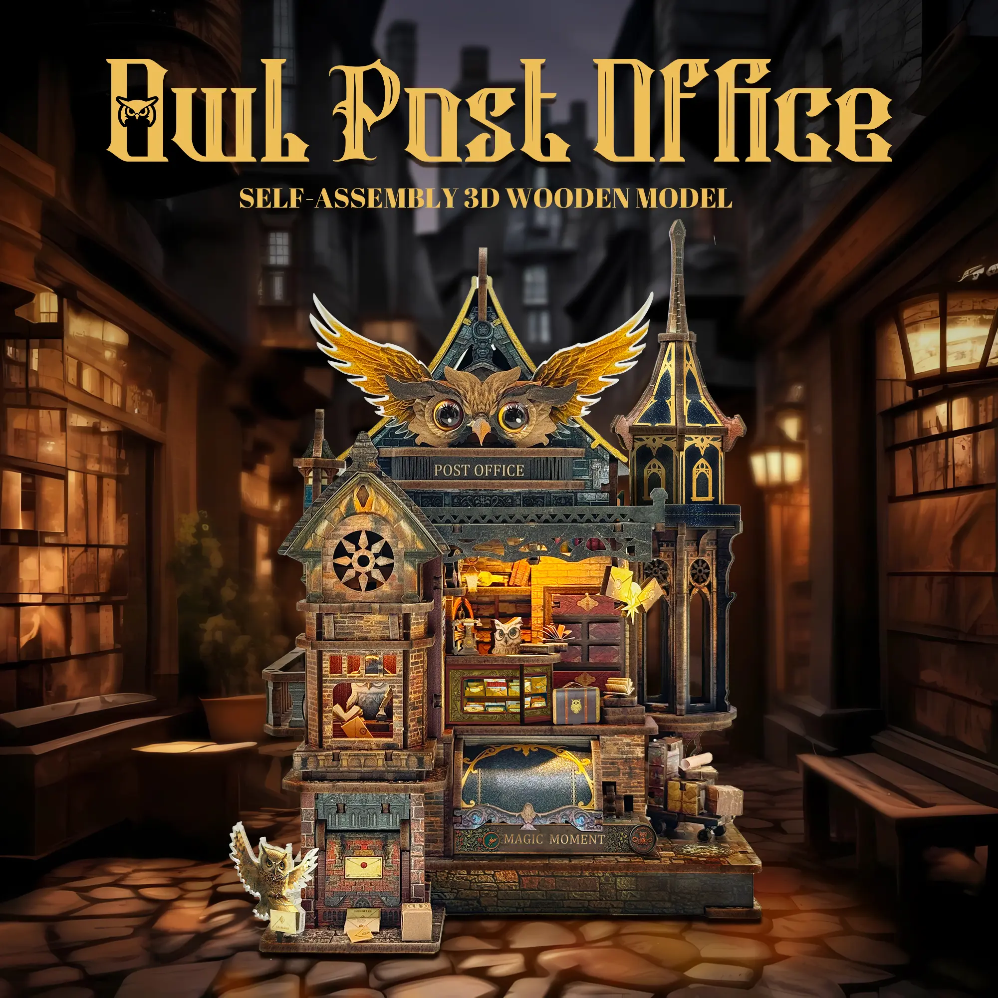 Owl Post Office DIY Miniature Kit | Light-Up Diorama with Sound & Moving Gears