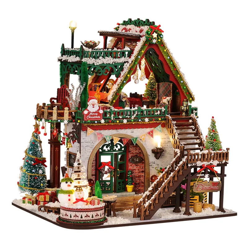 Snowy Christmas Lodge DIY Miniature Dollhouse Kit build details