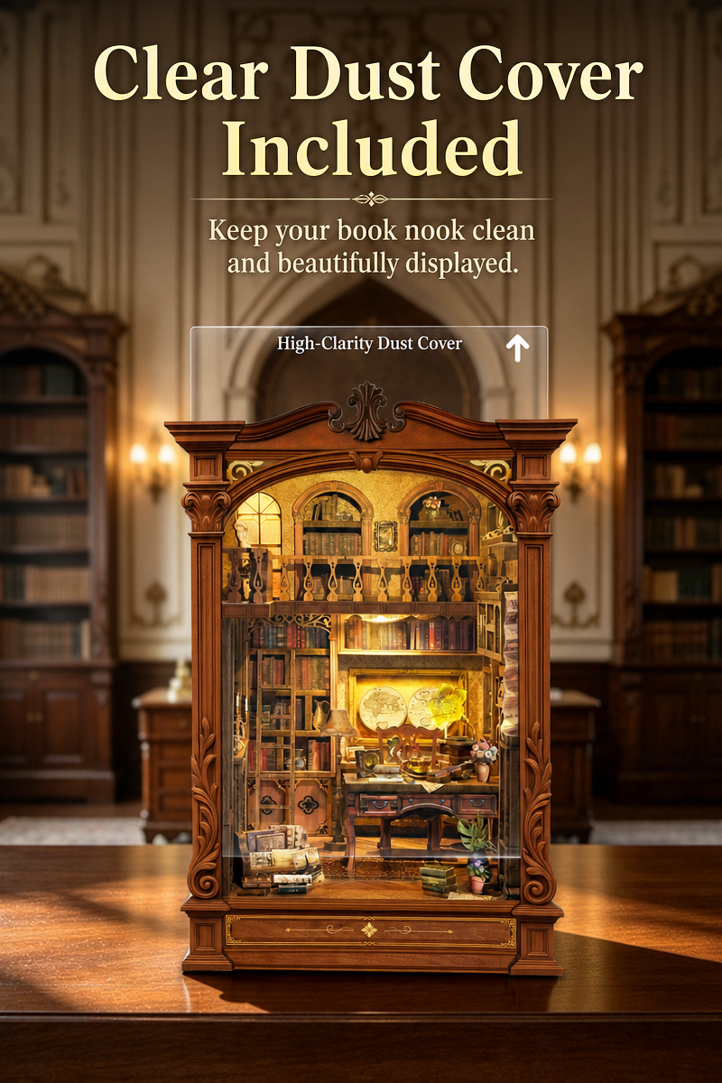 Vintage Archive Book Nook Kit with transparent dust cover protection for miniature display