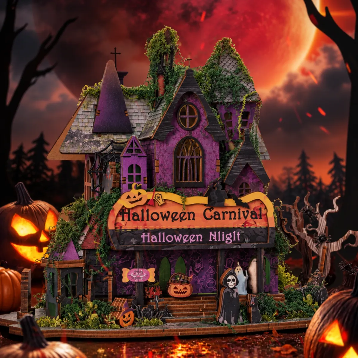 Halloween Night Mini House Kit l DIY Miniature Kit with lights off