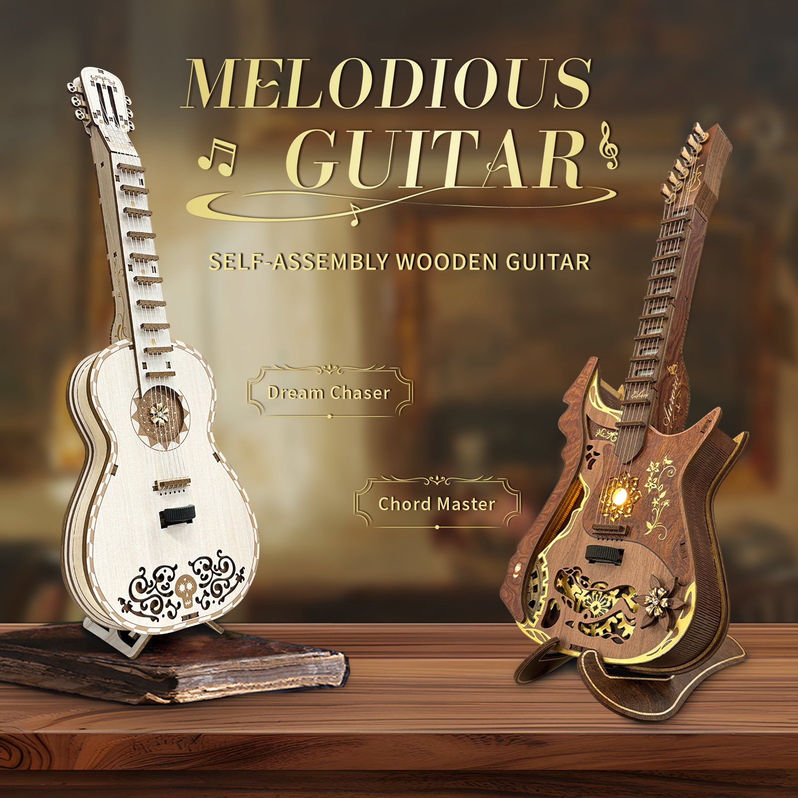 Melodious Guitar Self-Assembly 3D Wooden Mechanical Puzzle Kit-Book Nook World