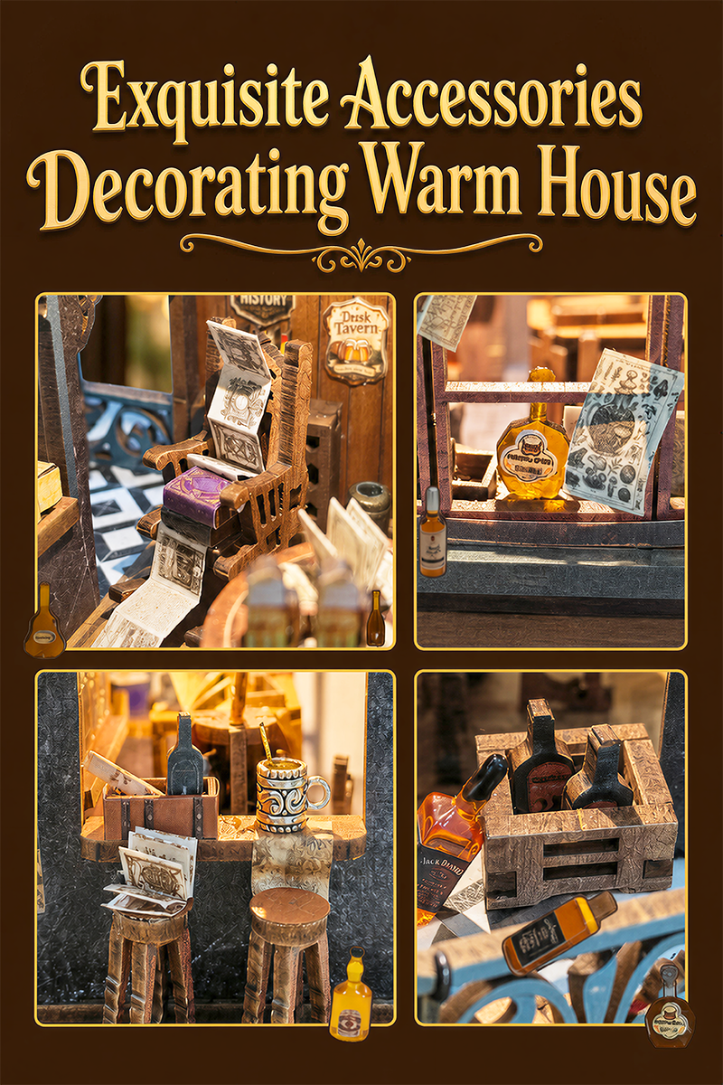 Twilight Tavern miniature interior with bar stools bottles wooden crates and vintage decorations