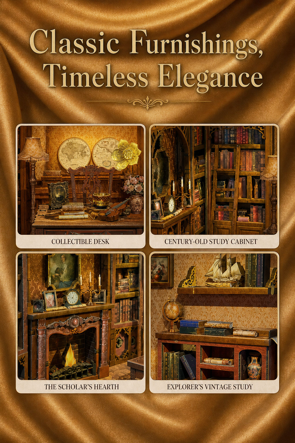 Vintage Archive Book Nook detailed interior with bookshelves desk fireplace globe and classic decorations