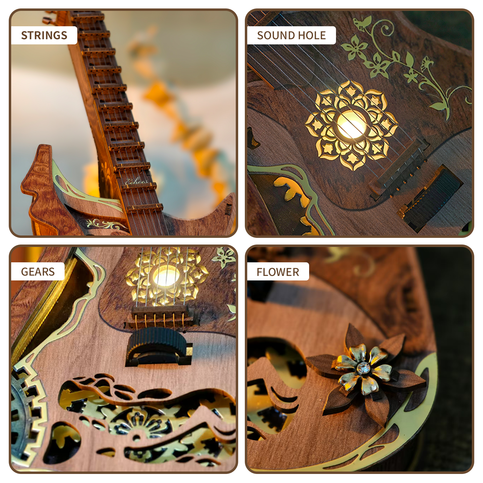 Melodious Guitar Self-Assembly 3D Wooden Mechanical Puzzle Kit-Book Nook World