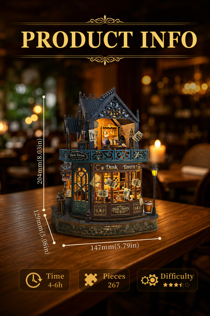 Twilight Tavern DIY wooden kit dimensions and specifications with 267 precision pieces