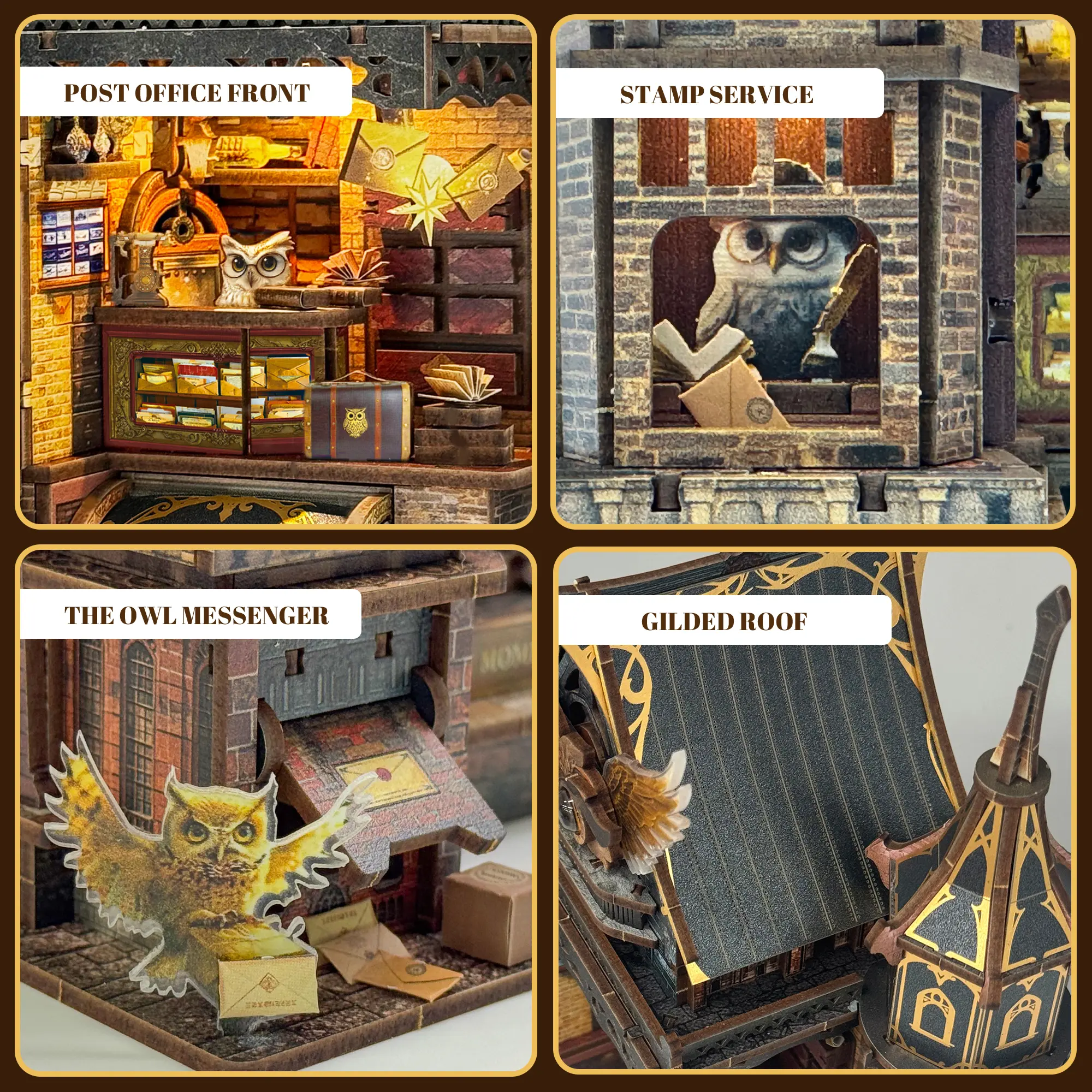 Owl Post Office DIY Miniature Kit | Light-Up Diorama with Sound & Moving Gears