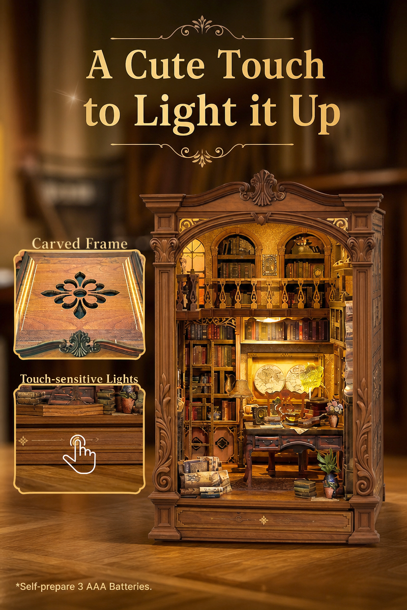 Vintage Archive miniature study with touch-sensitive warm lighting powered by AAA batteries