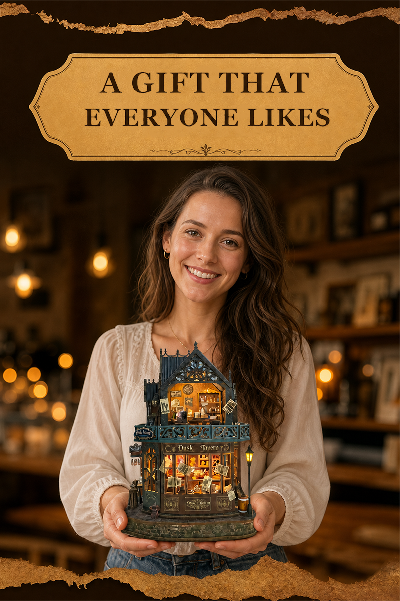 Twilight Tavern wooden miniature kit finished scene with warm lighting