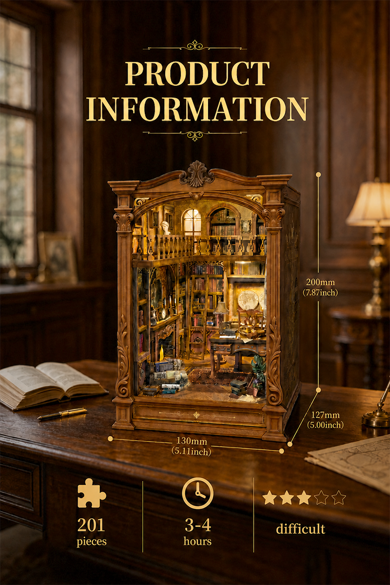 Vintage Archive DIY Book Nook Kit dimensions specifications and 201 piece assembly details