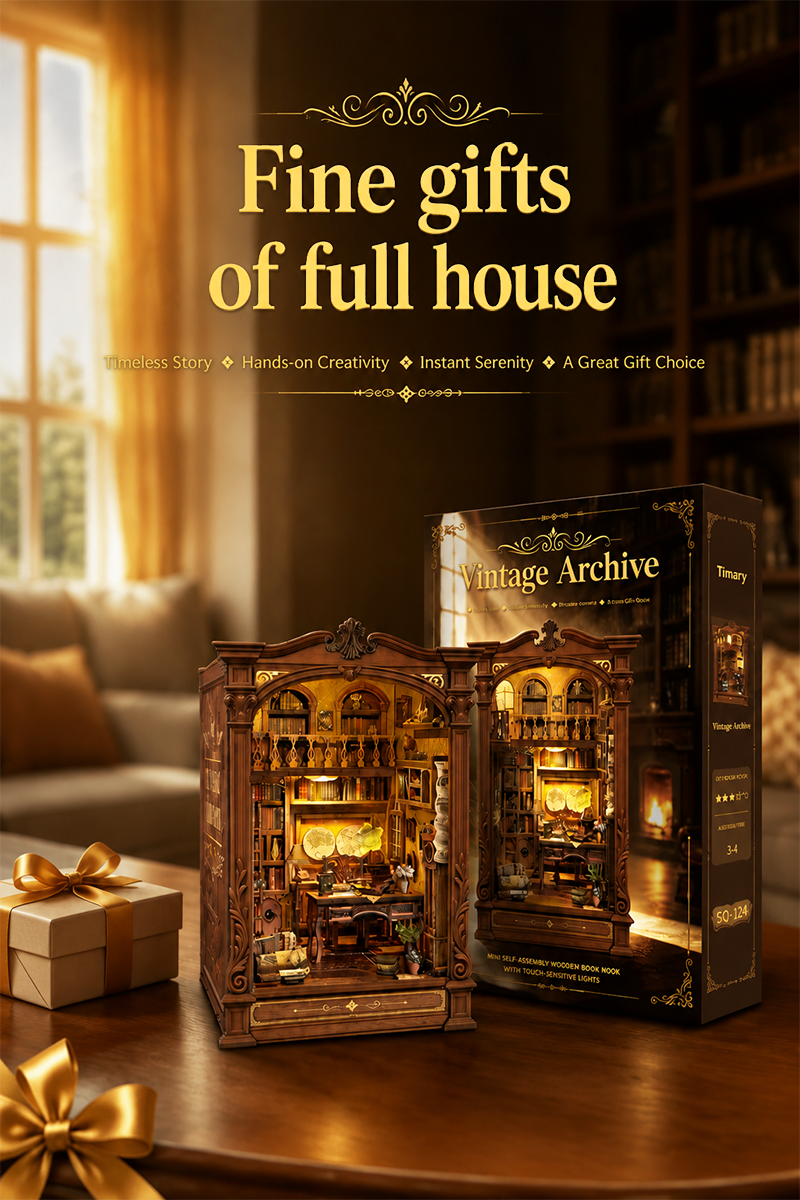 Finished Vintage Archive Book Nook miniature library display with elegant warm lighting