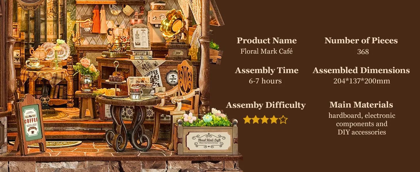 Floral Mark Cafe DIY Miniature House Kit product information and dimensions image