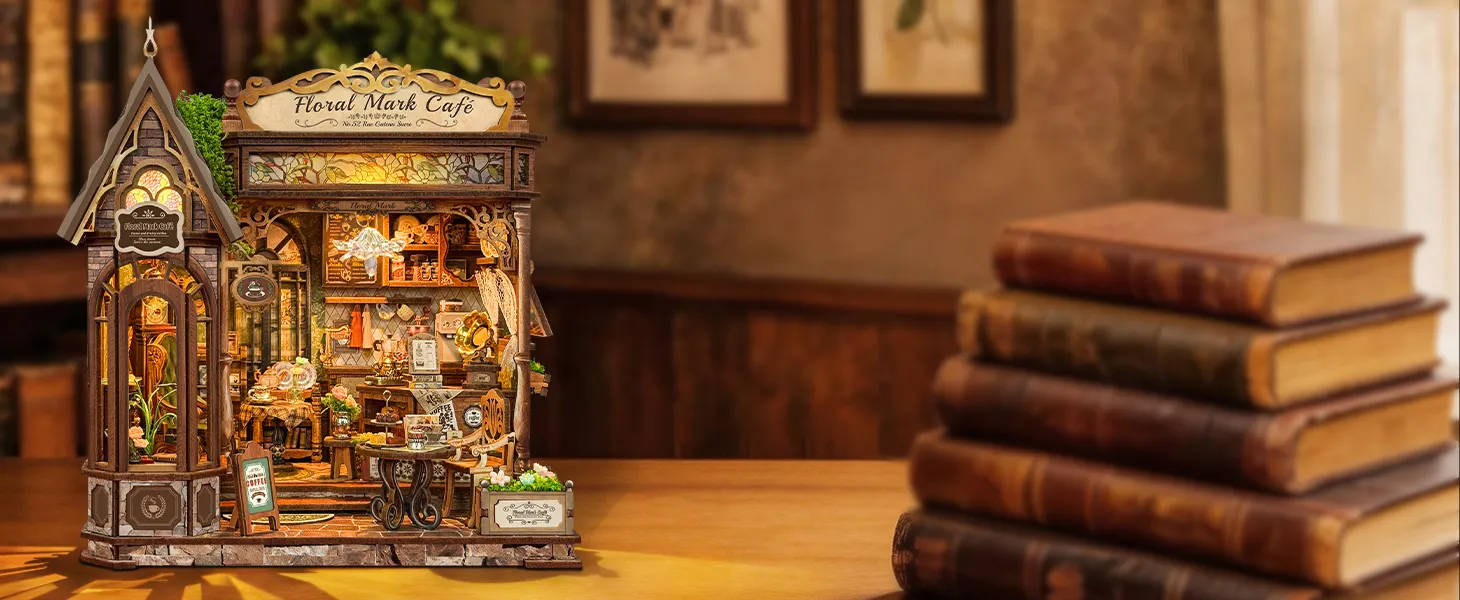 Floral Mark Cafe DIY Miniature House Kit main scene with flowers and cozy cafe details