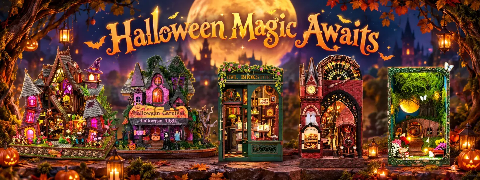 Halloween miniature worlds with glowing windows and pumpkins