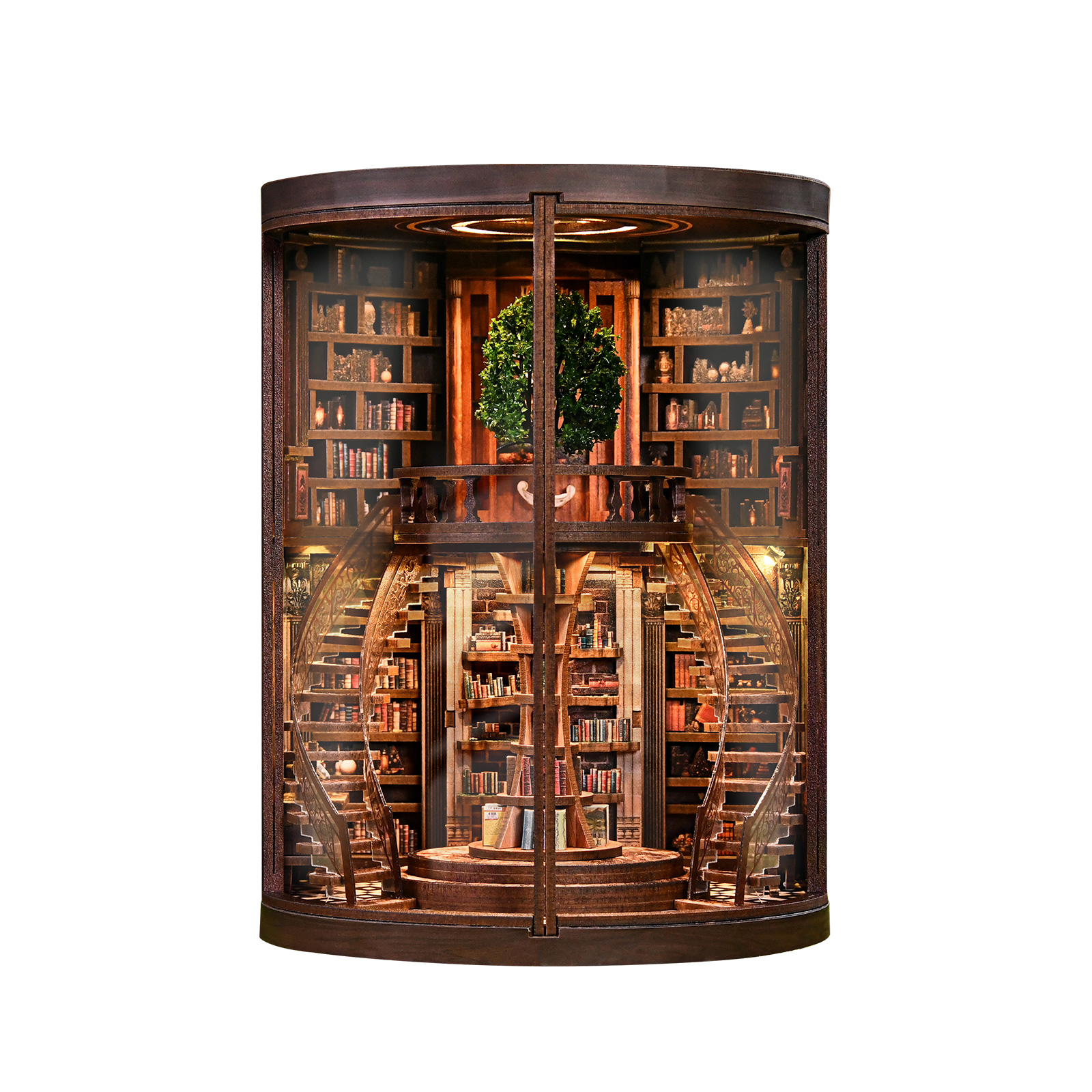 Wisdom Rings DIY Book Nook Kit – miniature circular library with central wisdom tree, spiral staircases, unique bookshelves and touch-switch warm lighting