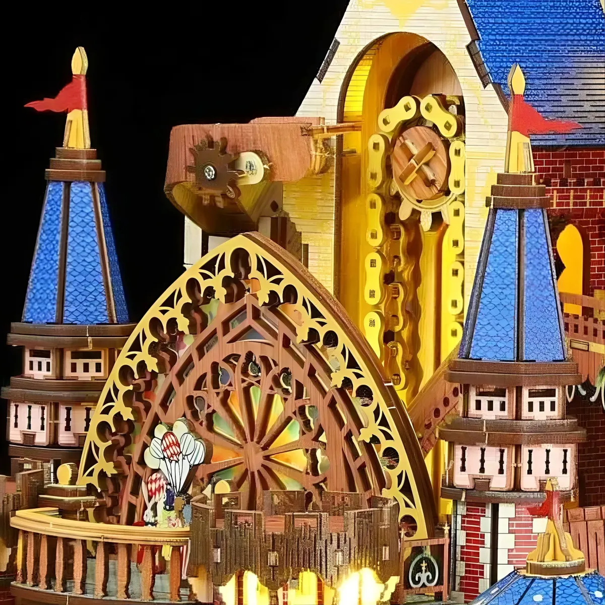 Linked Rotatable Gear Clock & Twin Castle Turret Ornaments