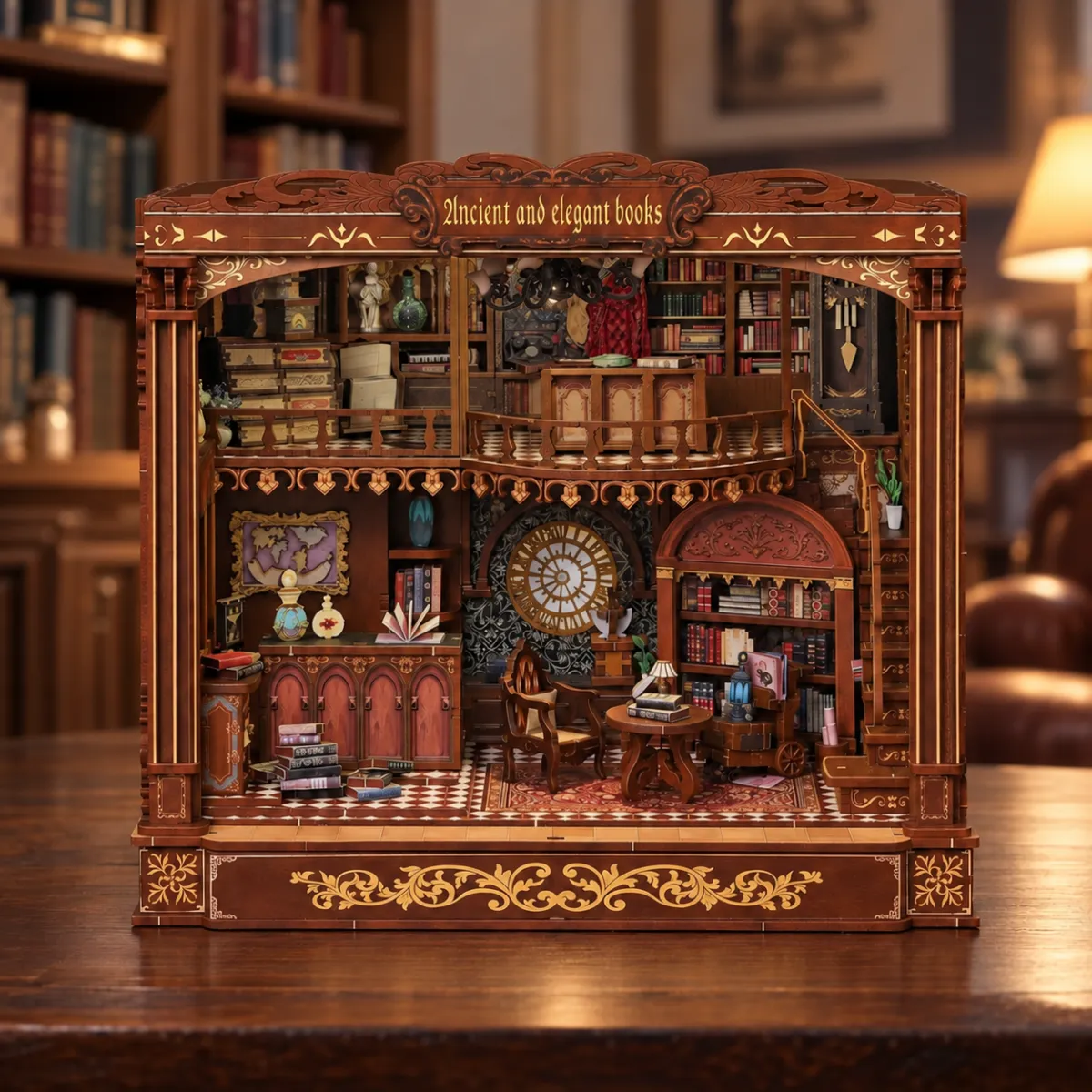 Oude en elegante boeken doe-het-zelf miniatuurset met het licht uit