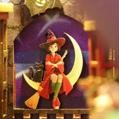 Impression de scène nocturne avec une sorcière de la lune et un chat noir